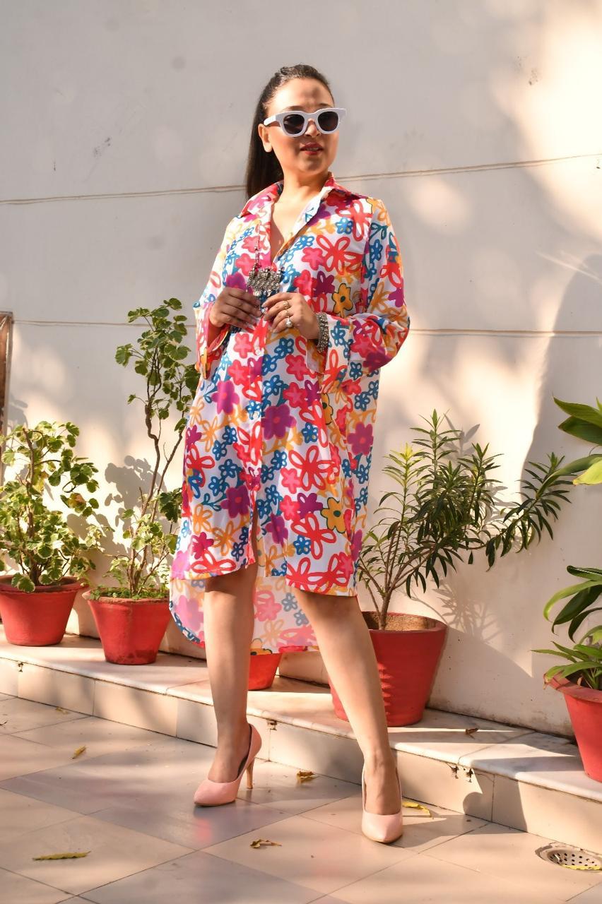 Multi colour Floral shirt style summer dress .
