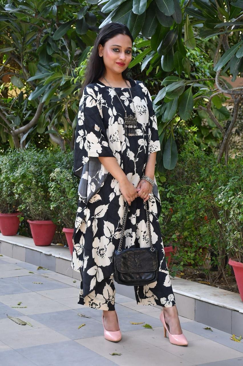 Black floral printed luxury coord set .
