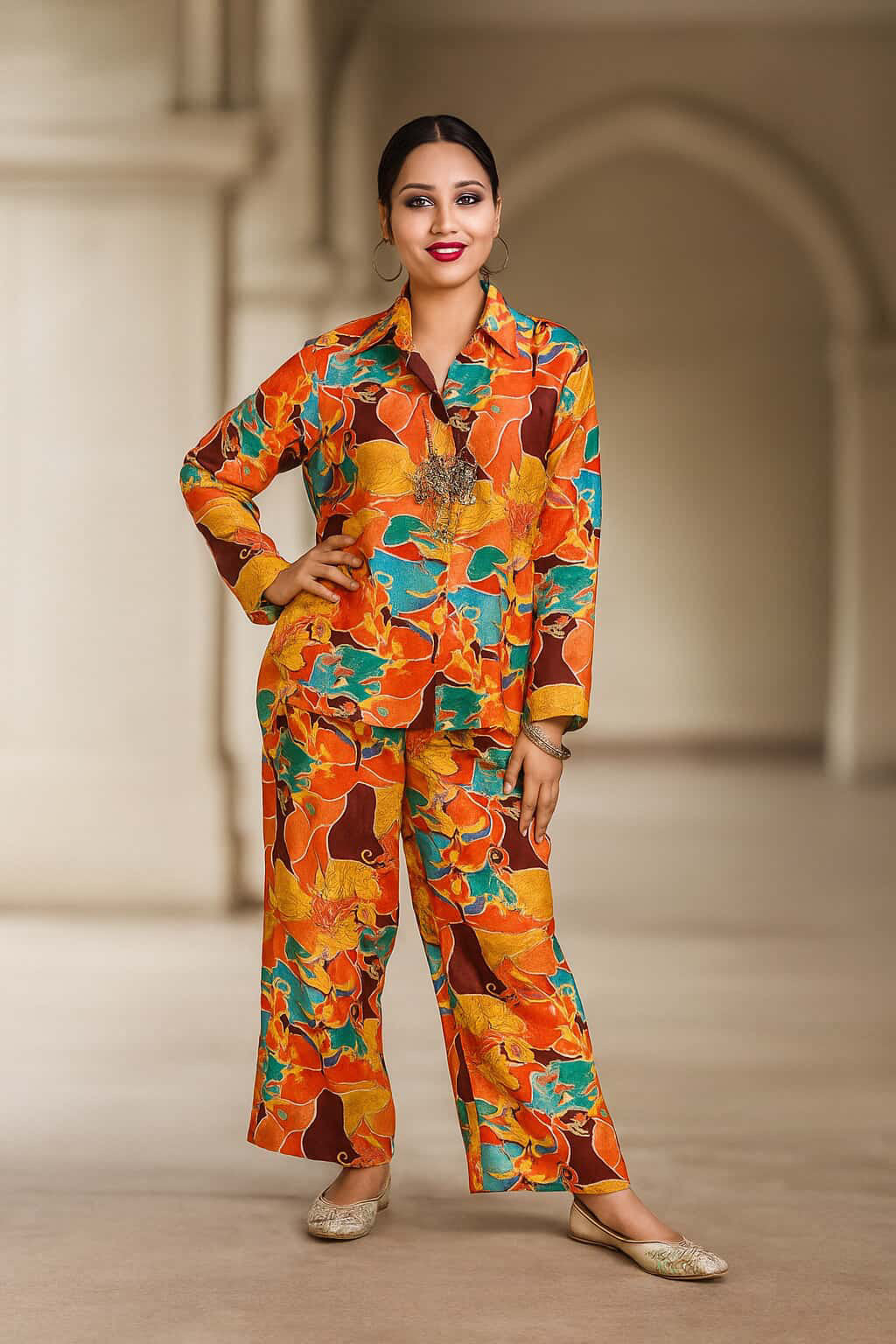 Multi coloured  printed shirt style coord set