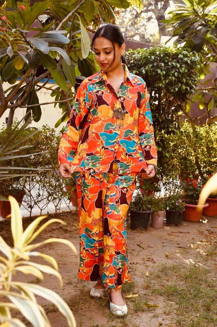Multi coloured  printed shirt style coord set
