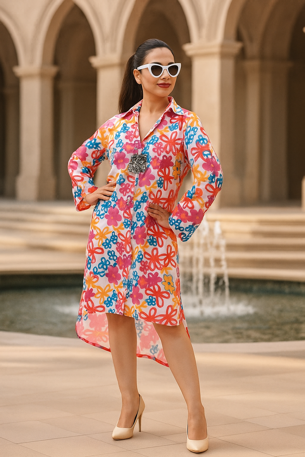 Multi colour Floral shirt style summer dress .