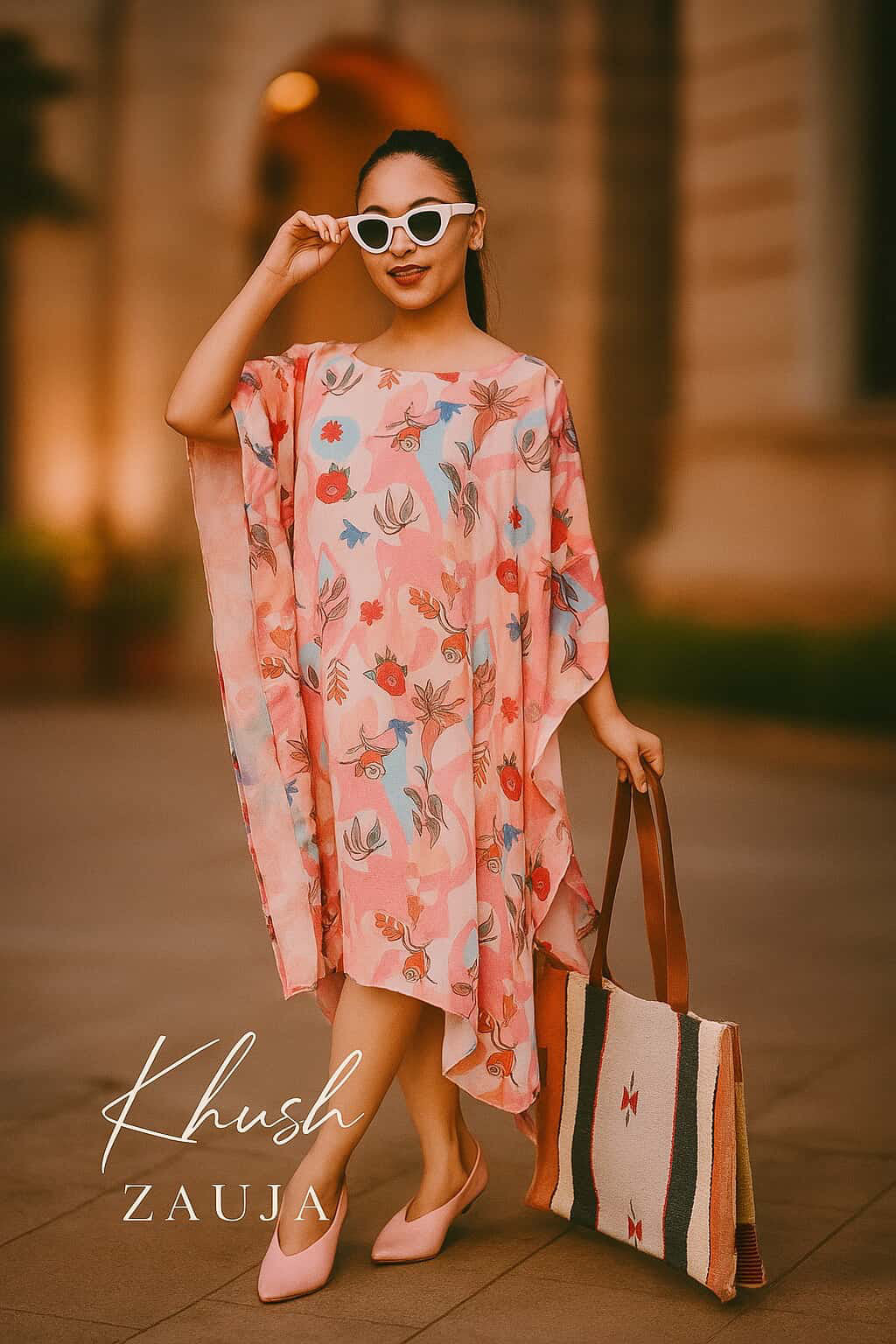 Light pink Abstract print stylish kaftan .