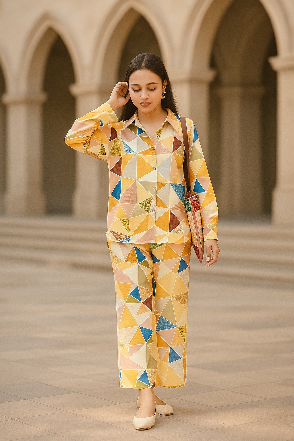 Beige diamond print summer coord set