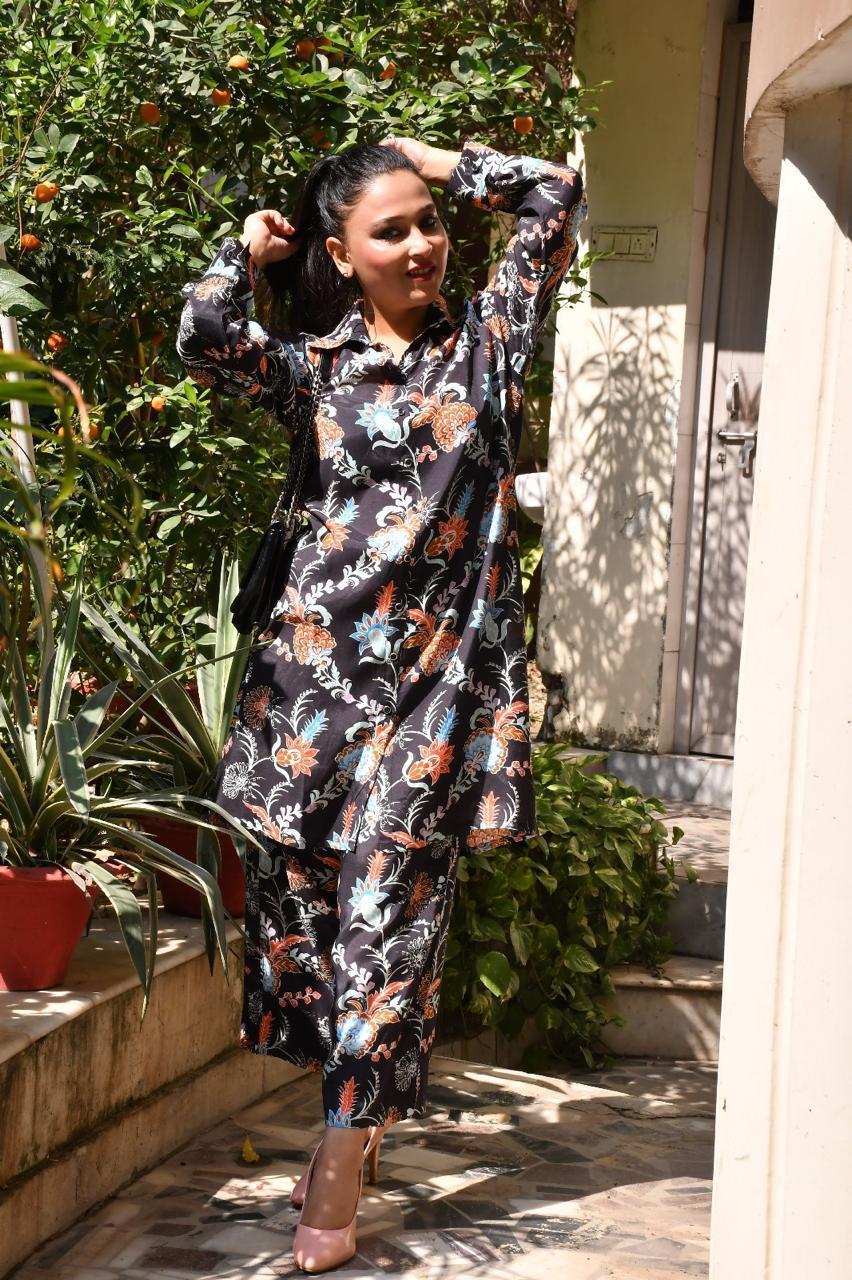 Navy blue floral printed coord set