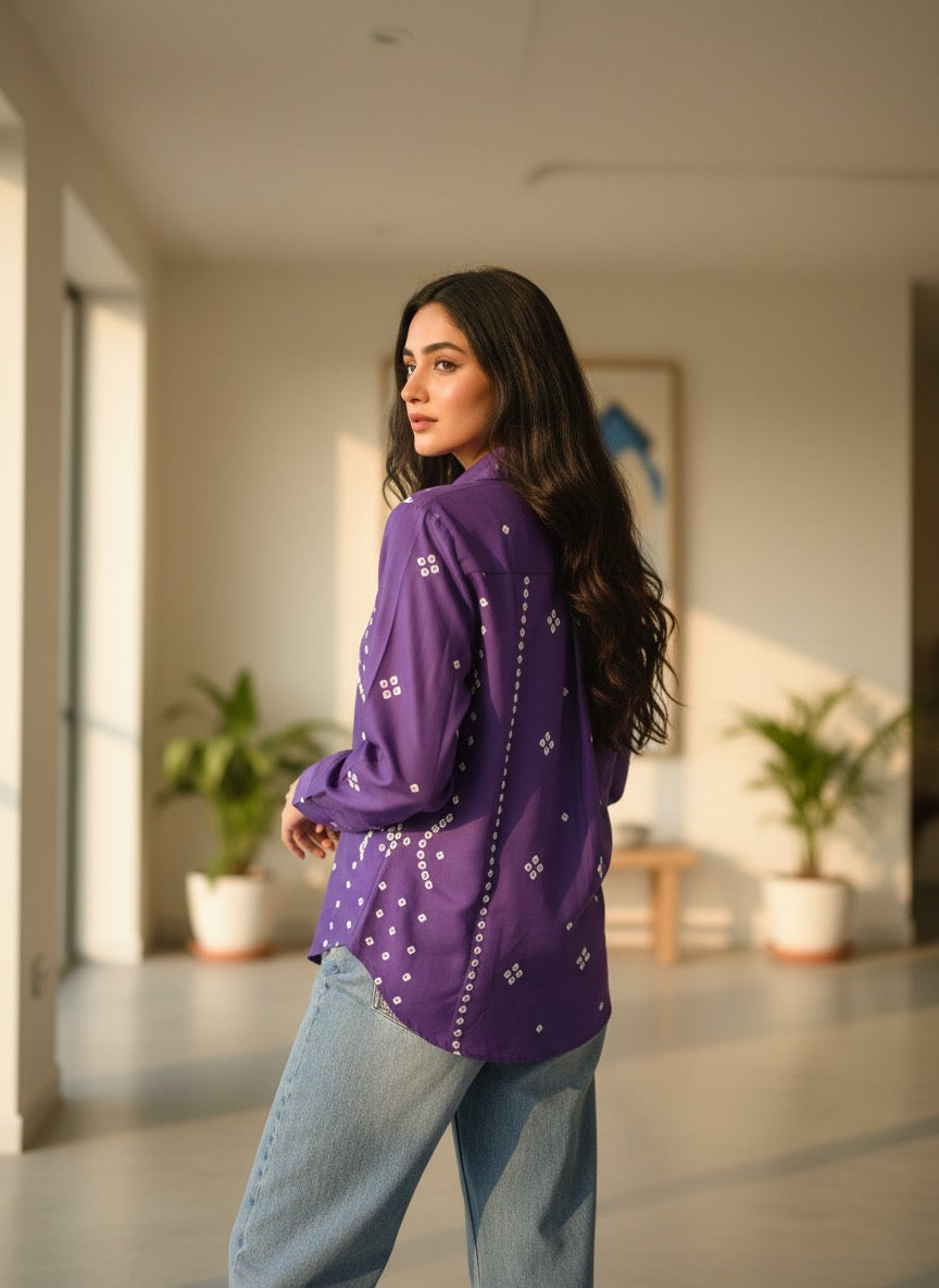 ZAUJA Nysa Purple Bandhani Shirt – Kareena-Inspired Casual & Western Wear