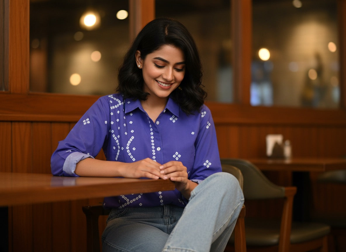 ZAUJA Nysa Purple Bandhani Shirt – Kareena-Inspired Casual & Western Wear