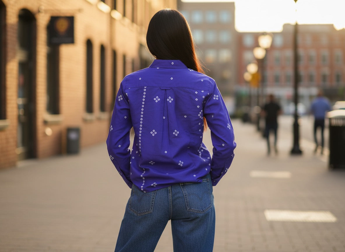 ZAUJA Nysa Purple Bandhani Shirt – Kareena-Inspired Casual & Western Wear