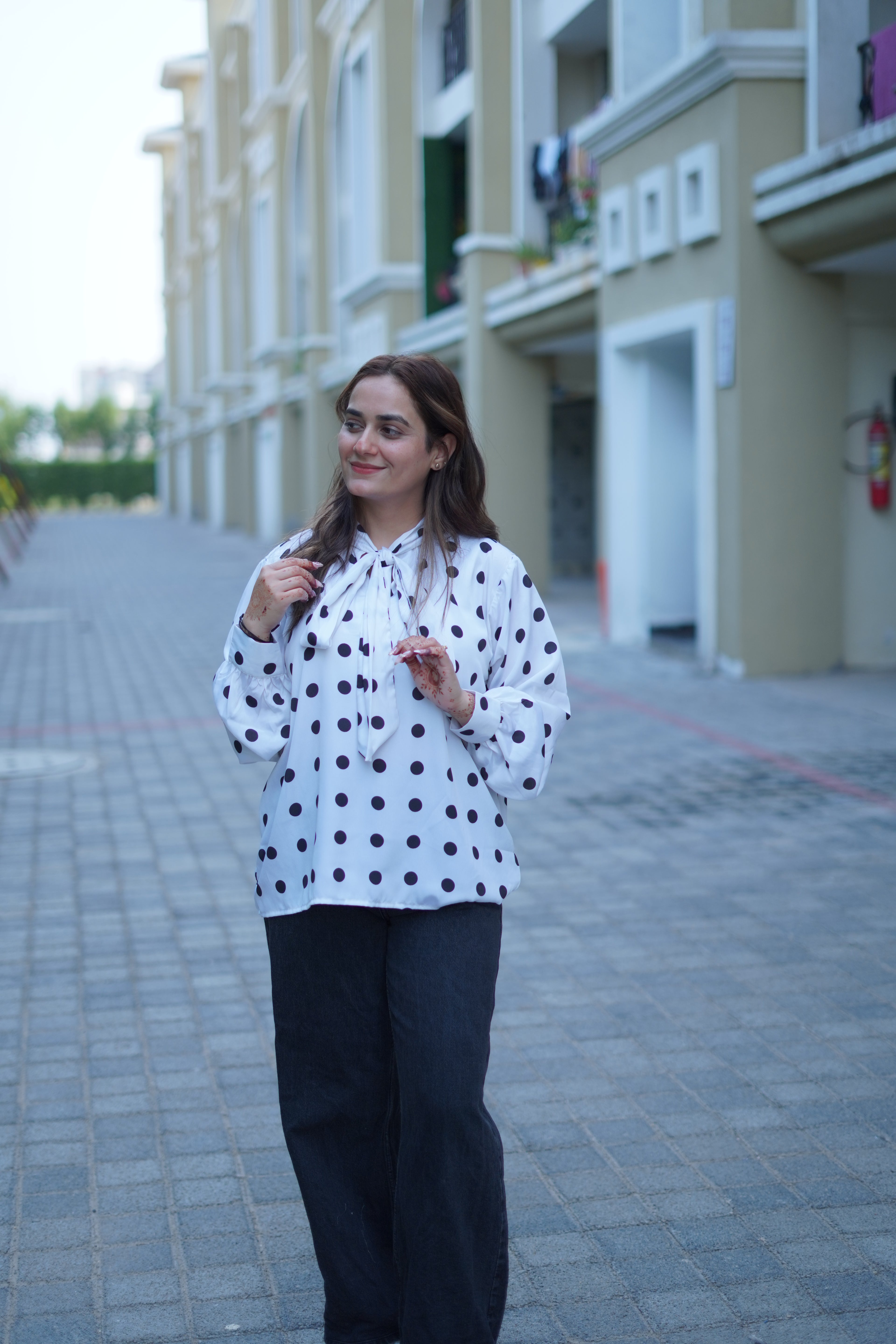 ZAUJA Celine White Polka Dot Tie-Up Crepe Top for Women | Elegant Casual Shirt