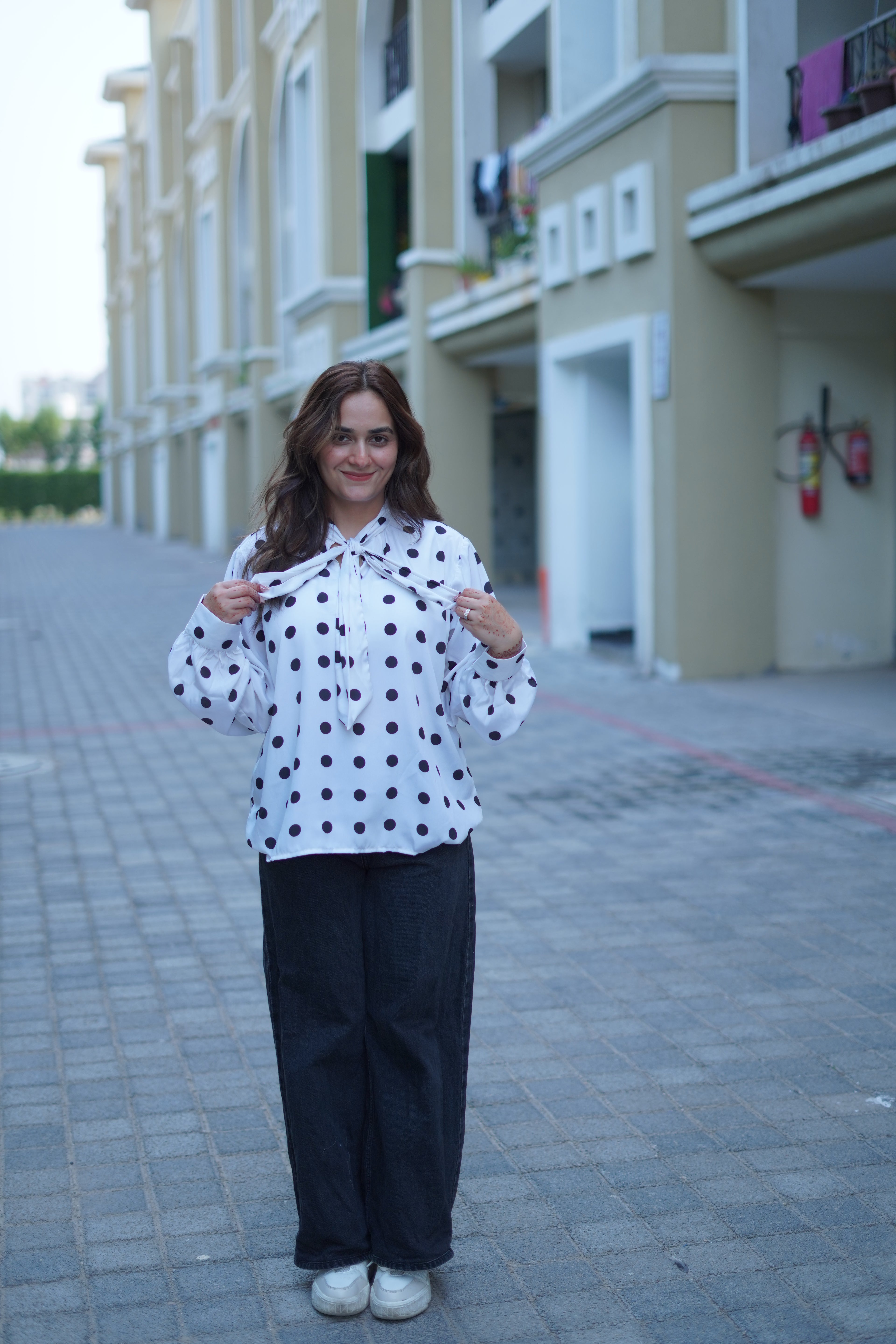 ZAUJA Celine White Polka Dot Tie-Up Crepe Top for Women | Elegant Casual Shirt