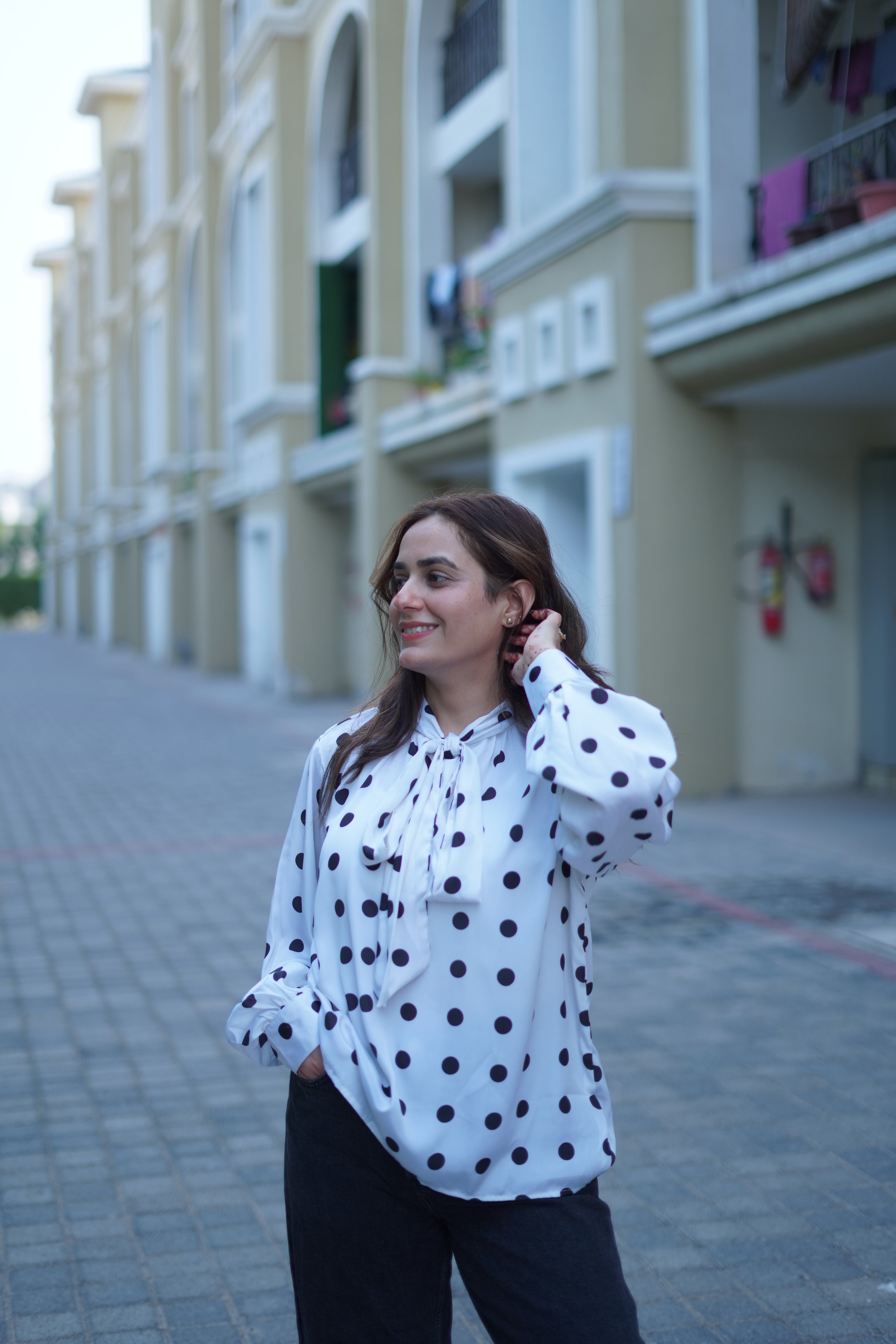 ZAUJA Celine White Polka Dot Tie-Up Crepe Top for Women | Elegant Casual Shirt