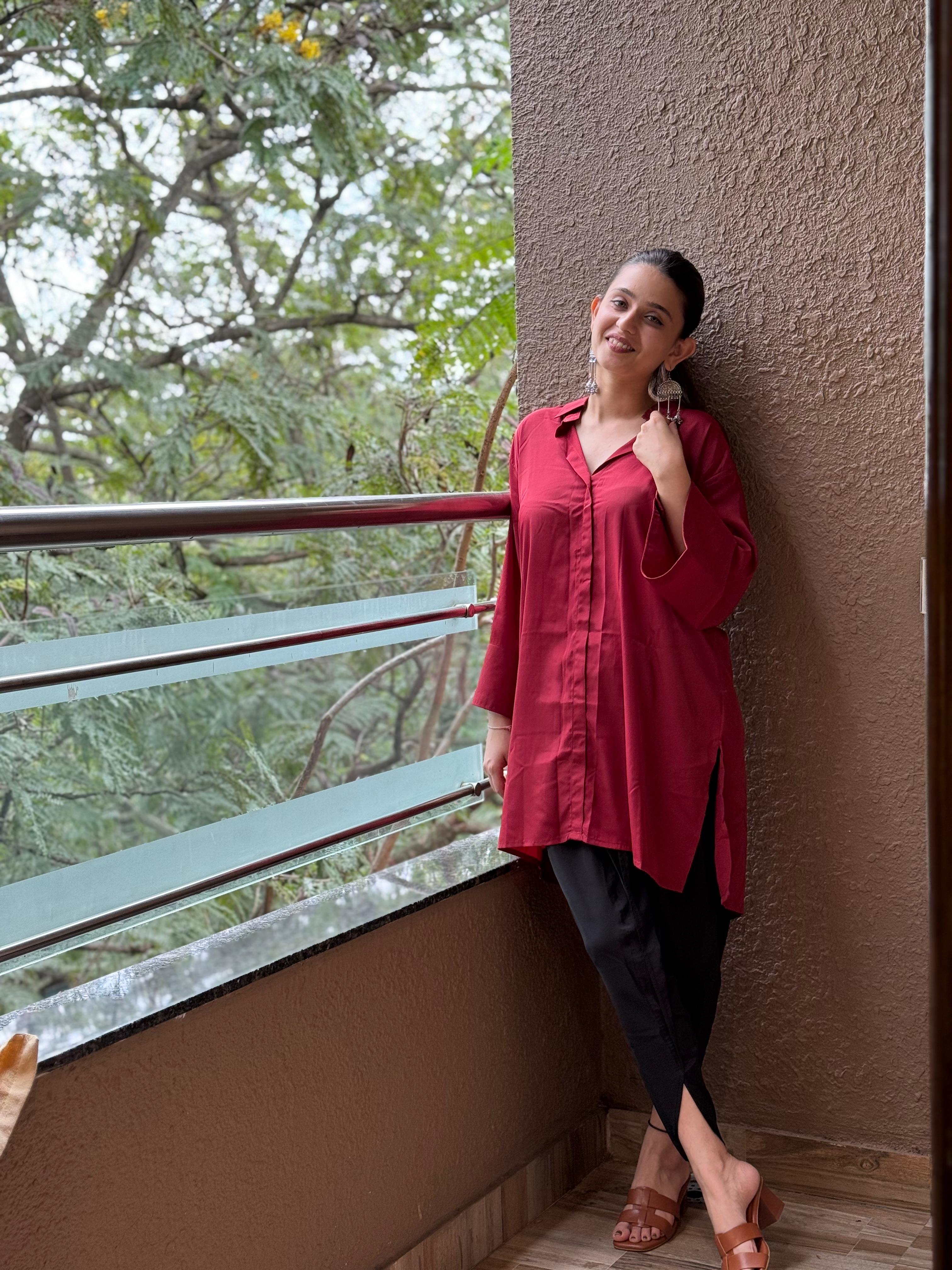 Red Kurta Top with Black Tulip Pants – ZAUJA Ruhaani