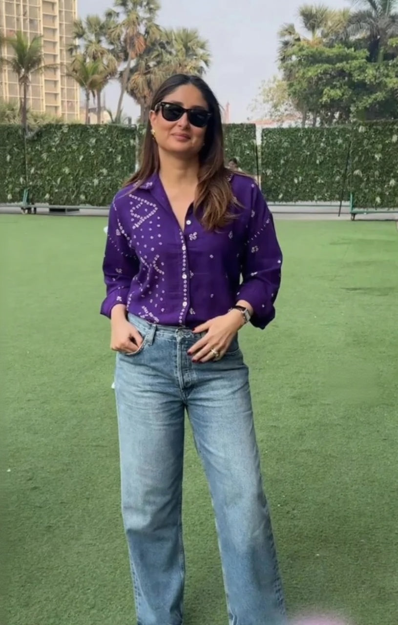 ZAUJA Nysa Purple Bandhani Shirt – Kareena-Inspired Casual & Western Wear