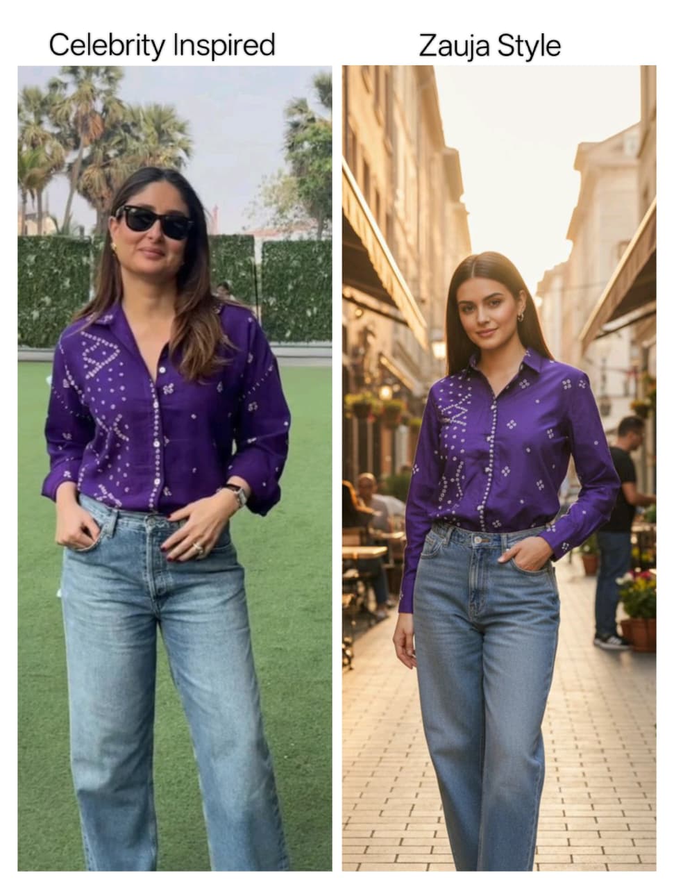 ZAUJA Nysa Purple Bandhani Shirt – Kareena-Inspired Casual & Western Wear
