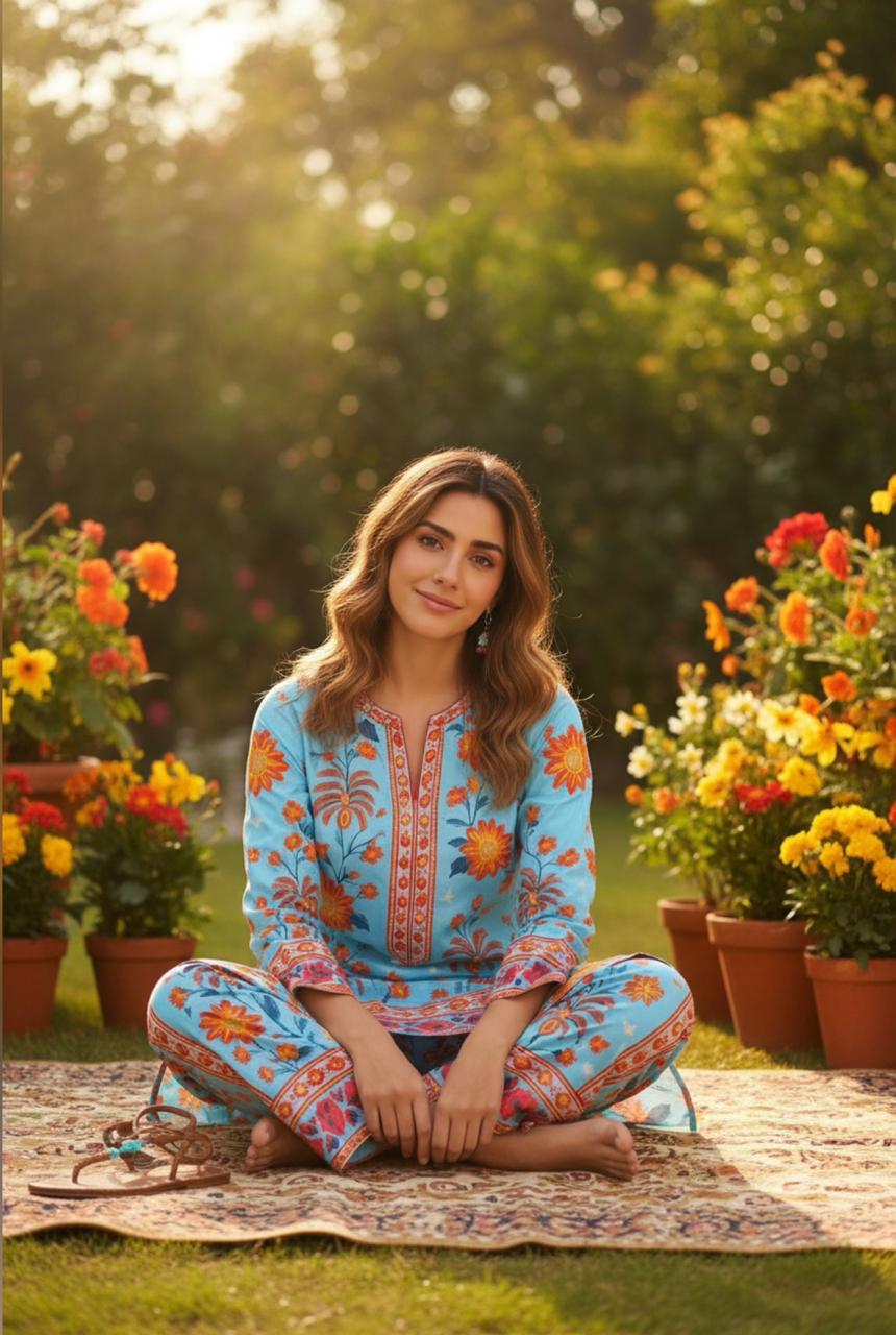 ZAUJA Amaira – Sky Blue Floral Kurta Set for Women